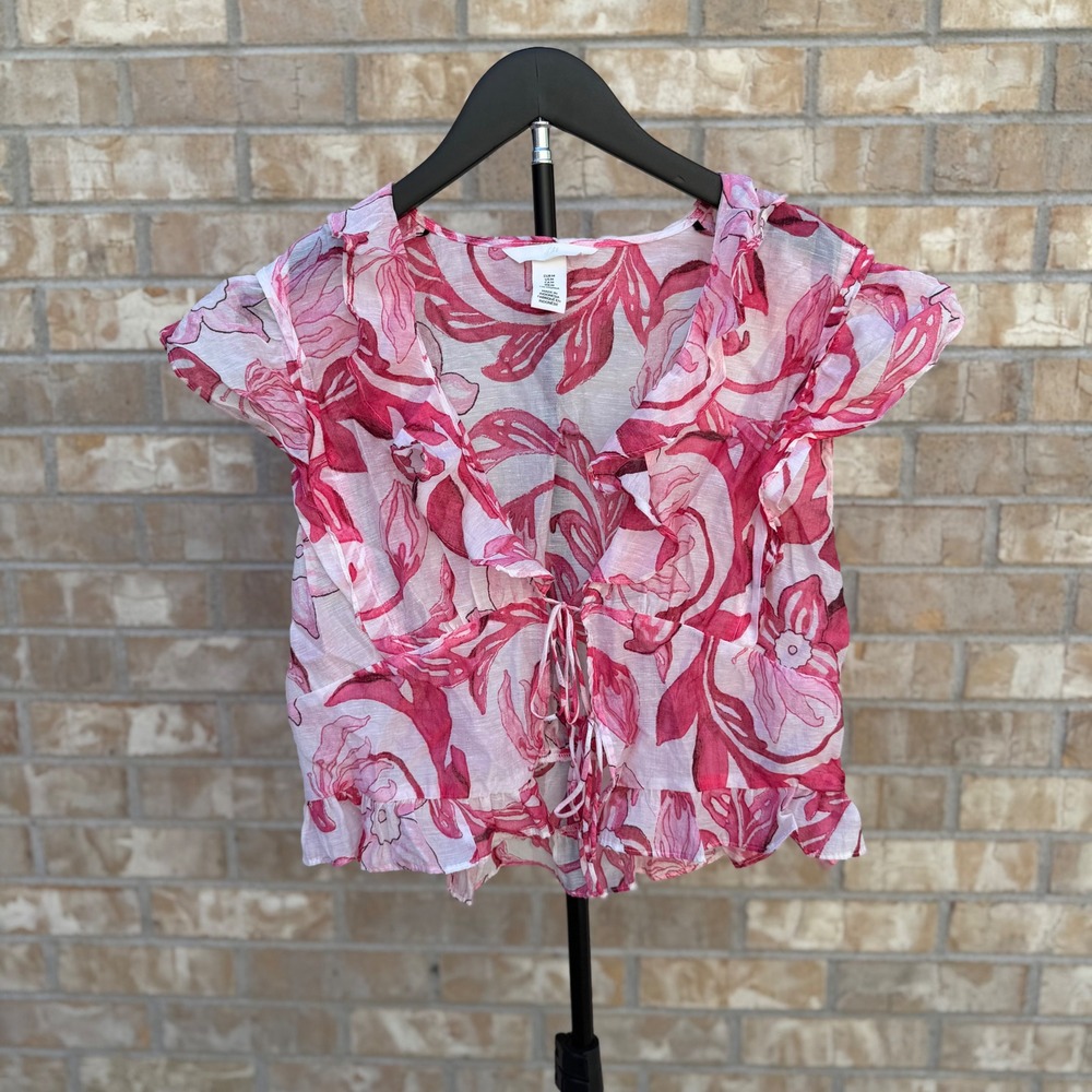 H&M White & Pink Floral Frill Trimmed Blouse Tie Front Ruffle Top Size Medium